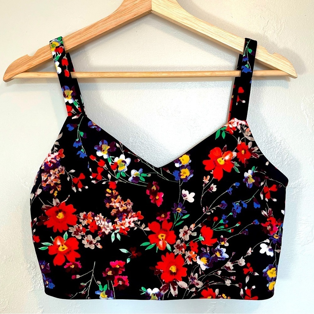 Express Black Floral Crop Top with Red & Purple Blooms